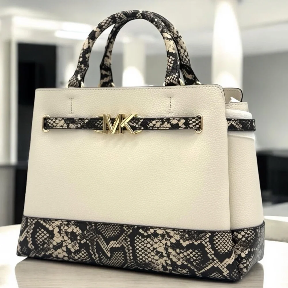 Michael Kors Large Reed CZ Belted Satchel Bag Light Cream Multi